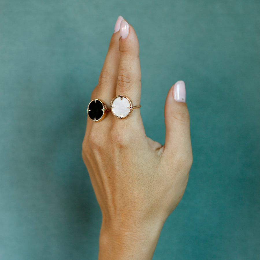 AURA RING WHITE MOTHER OF PEARL WITH BLACK AND GREY DIAMONDS