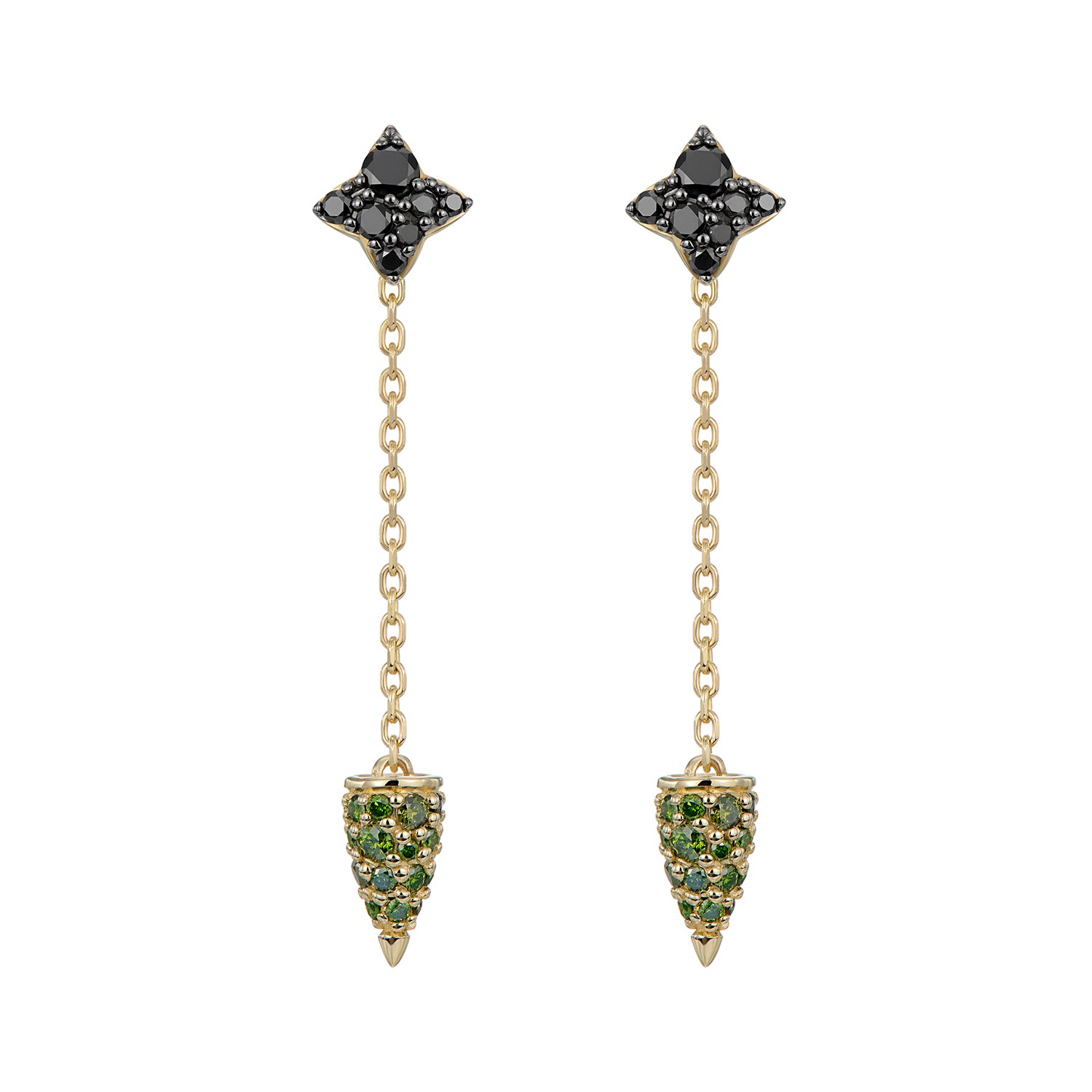 LEELOO STAR CONE EARRINGS GREEN & BLACK DIAMONDS