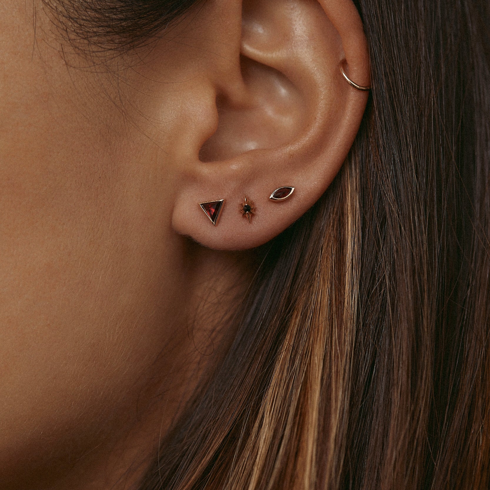RED GARNET LOVE STUD TRIO