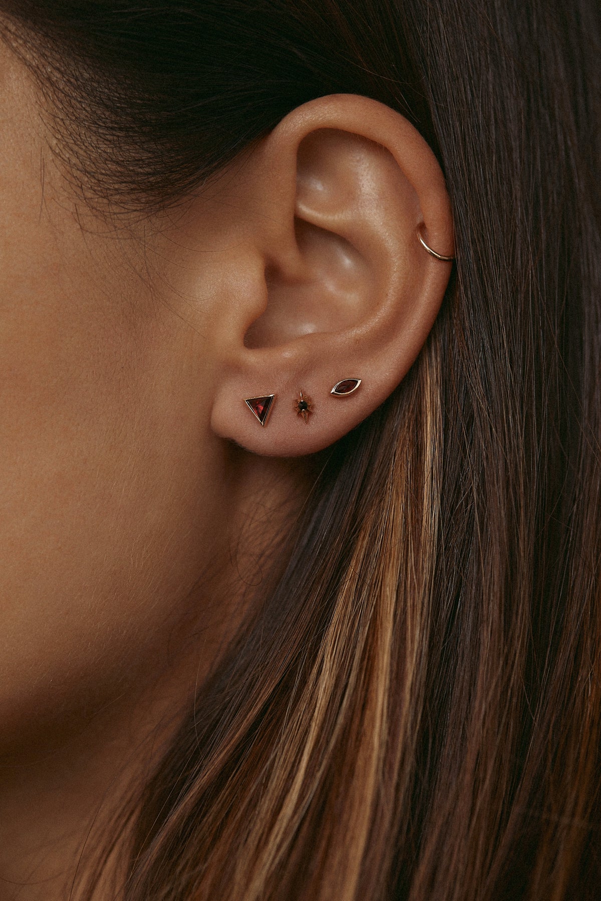RED GARNET LOVE STUD TRIO