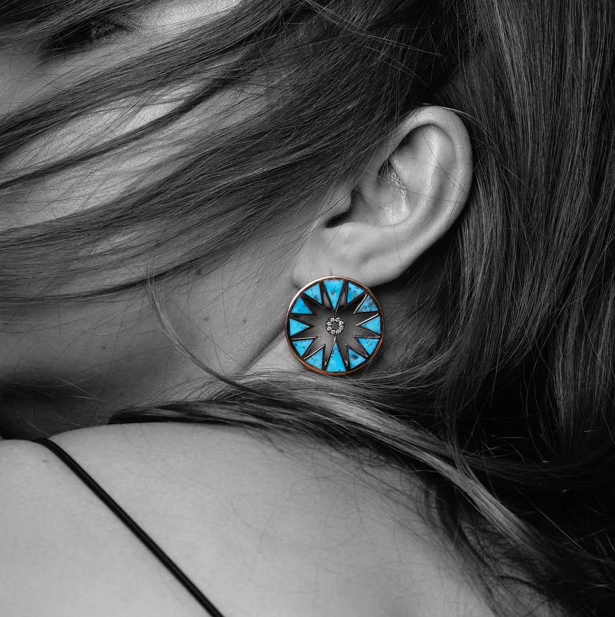 AURA EARRINGS PERSIAN TURQUOISE & GREY DIAMONDS