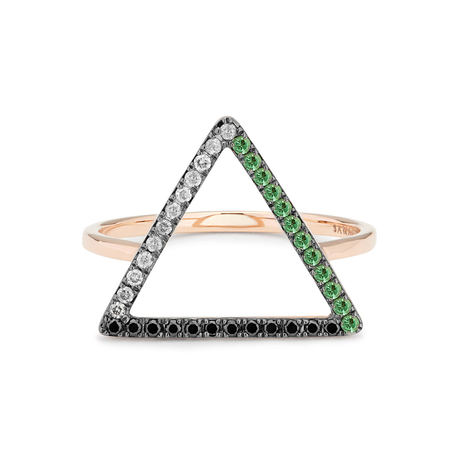 LOVE TRIANGLE RING GREY & BLACK DIAMONDS, TSAVORITES