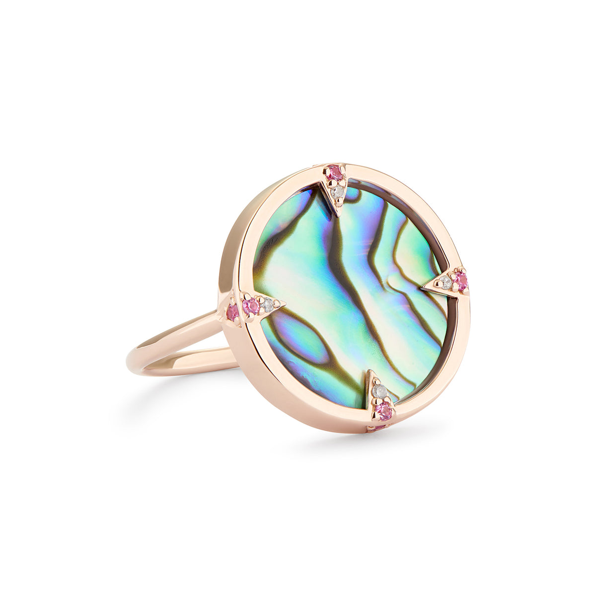 AURA RING ABALONE, PINK SAPPHIRES & GREY DIAMONDS